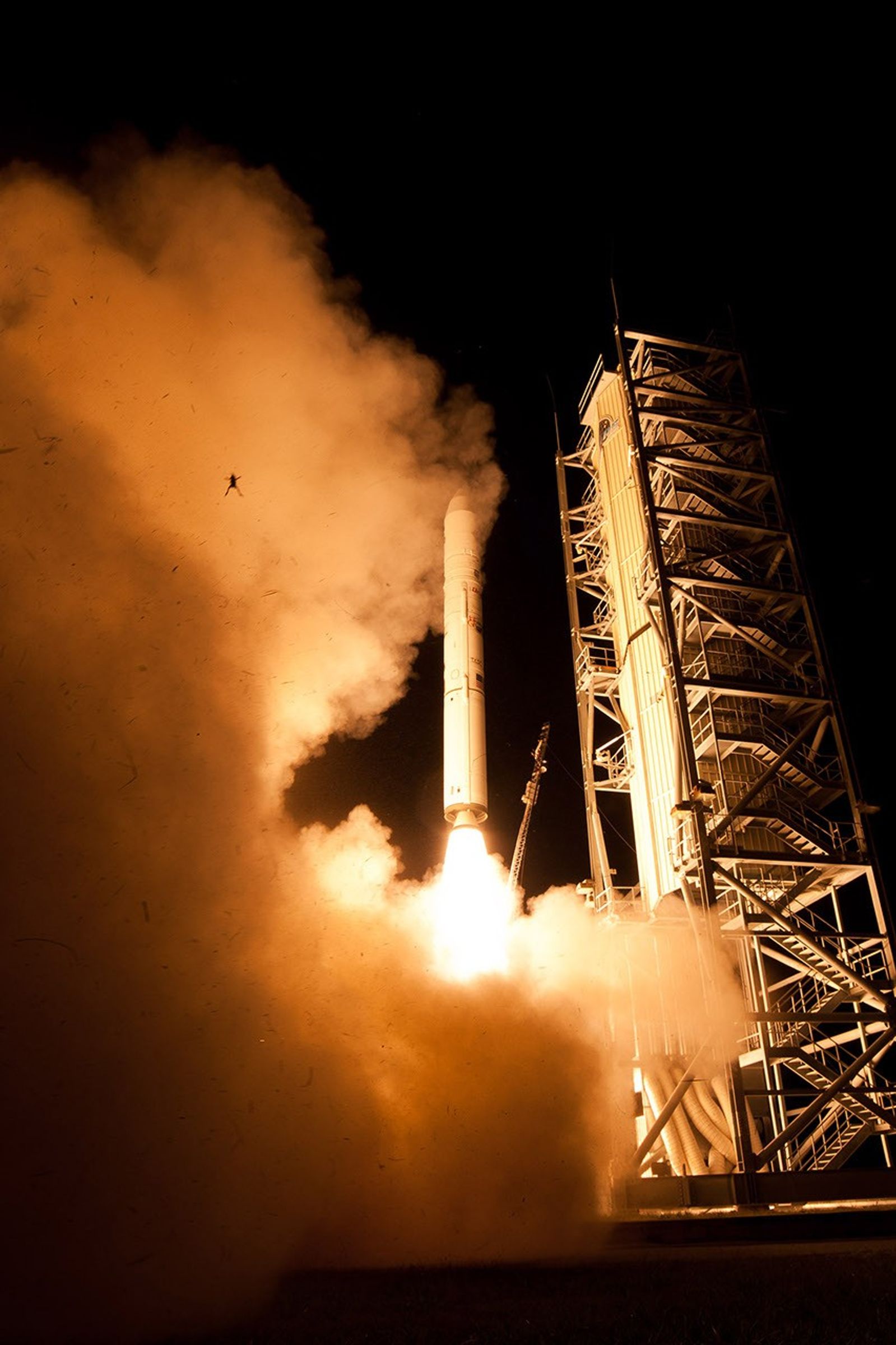 A telephoto lens picture compressing a great deal of distance showing a foreground frog being thrown in the air by the force of a rocket launch in the background